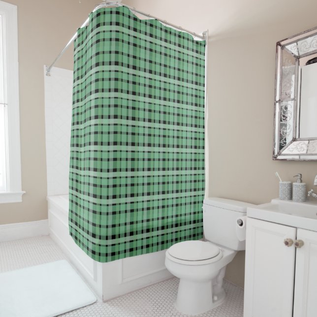 Chequered Plaid Tartan Green Stripes On Black  Shower Curtain (In Situ)