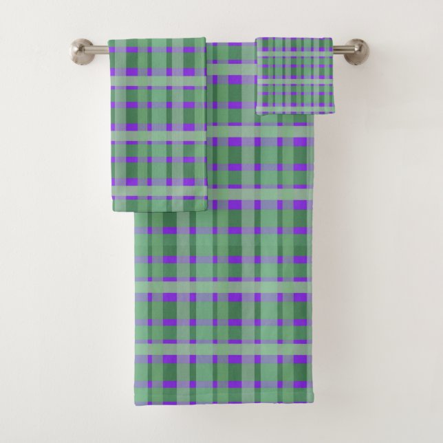Chequered Plaid Tartan Green Stripes On Purple  Bath Towel Set (Insitu)