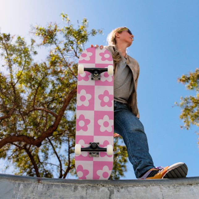 Chequered Preppy Retro Flowers White and Pink  Skateboard (Outdoor 1)