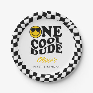 Chequered Preppy Smile One Cool Dude 1st Birthday Paper Plate