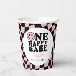 Chequered Preppy Smile One Happy Babe 1st Birthday Paper Cups