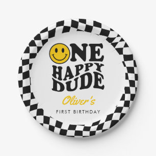 Chequered Preppy Smile One Happy Dude 1st Birthday Paper Plate