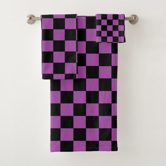 Chequered Purple and Black Bath Towel Set (Insitu)