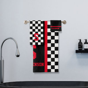 Chequered Racing Stripe Black and Red Bath Towel Set