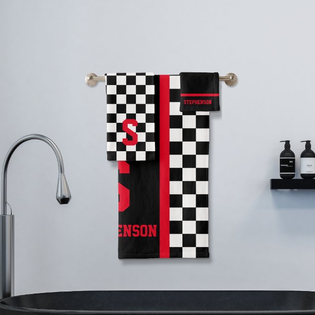 Chequered Racing Stripe Black and Red Bath Towel Set (Creator Uploaded)
