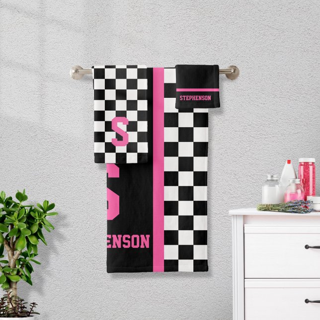 Chequered Racing Stripe Pink and Black Bath Towel Set (Creator Uploaded)