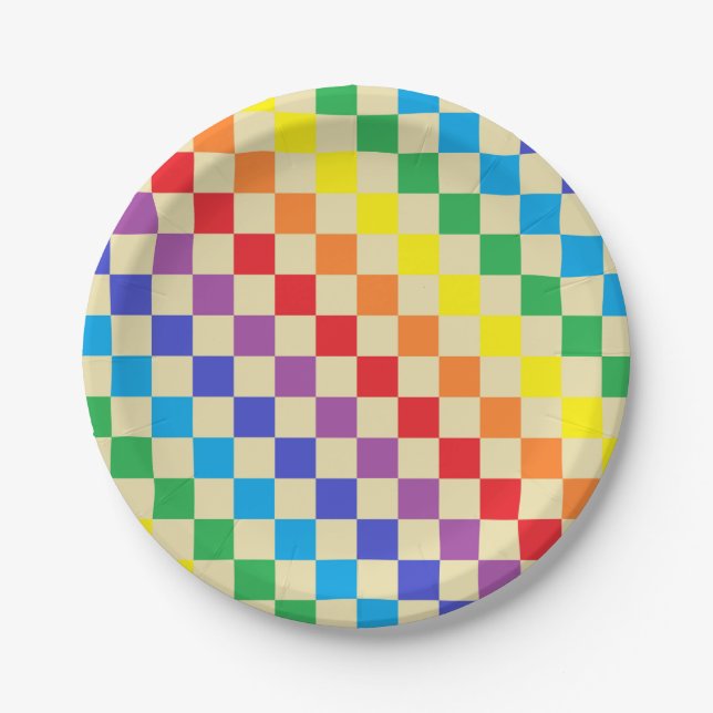 Chequered Rainbow Beige Paper Plate (Front)