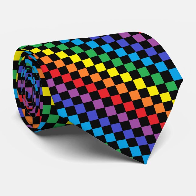 Chequered Rainbow Black Tie (Rolled)