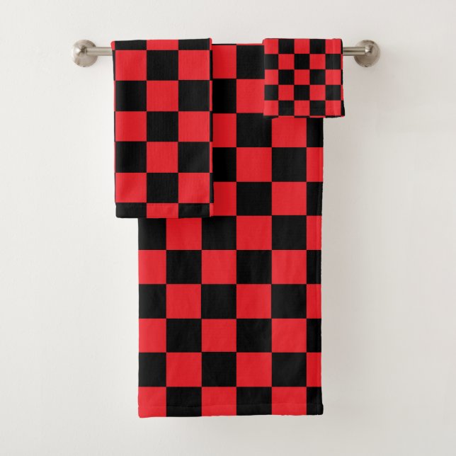 Chequered Red and Black Bath Towel Set (Insitu)