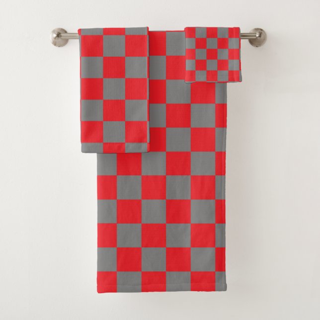 Chequered Red and Charcoal Grey Bath Towel Set (Insitu)
