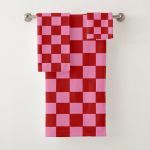 Chequered Red and Hot Pink Bath Towel Set