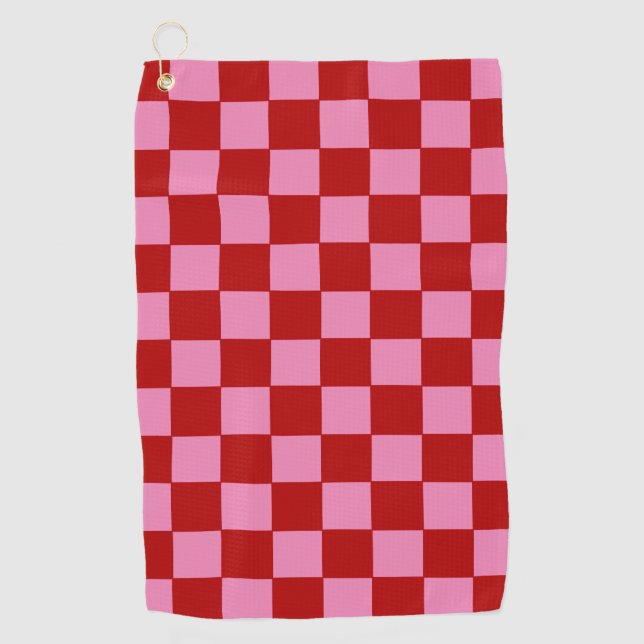 Chequered Red and Hot Pink  Golf Towel (Front)