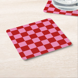 Chequered Red and Hot Pink Square Paper Coaster