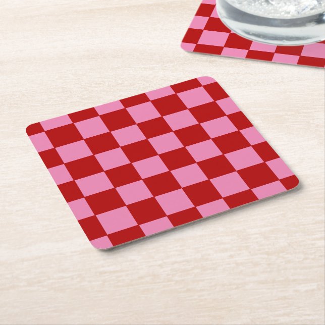 Chequered Red and Hot Pink  Square Paper Coaster (Angled)