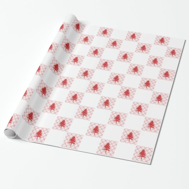 Chequered Red Christmas Plaid Pattern Wrapping Paper (Unrolled)