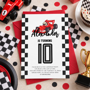 Chequered Red Race Car Birthday Party Invitation