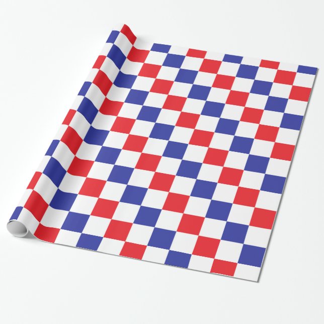 Chequered Red, White and Blue Wrapping Paper (Unrolled)