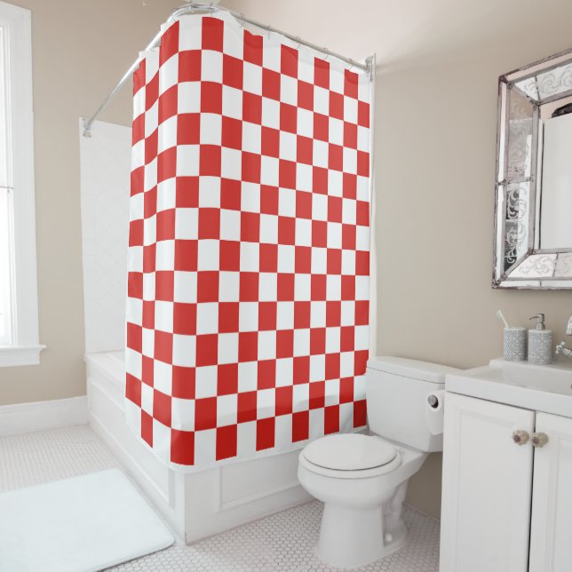chequered red white shower curtain (In Situ)
