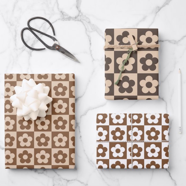 Chequered Retro Brown Beige Floral Wrapping Paper Sheet (Front)