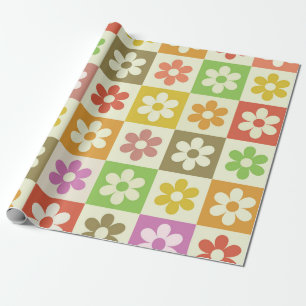 Chequered Retro Colourful Flowers Pattern Wrapping Paper