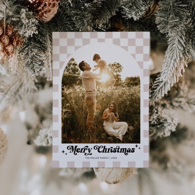 Chequered Retro Family Arch Photo Holiday Card (Retro Checkered Arch Photo Christmas Card)