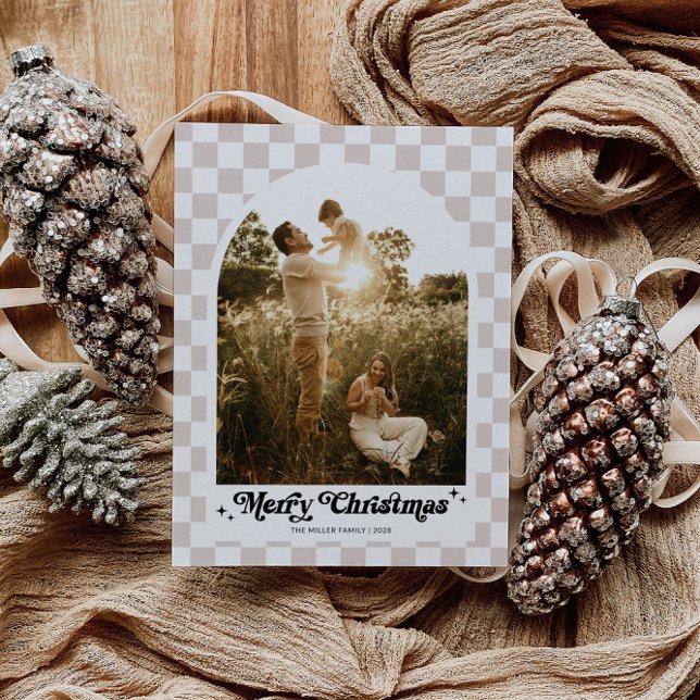Chequered Retro Family Arch Photo Holiday Postcard (Retro Checkered Arch Family Photo Christmas Card)