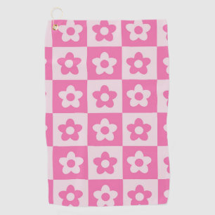 Chequered Retro Flowers Hot Pink and White  Golf Towel