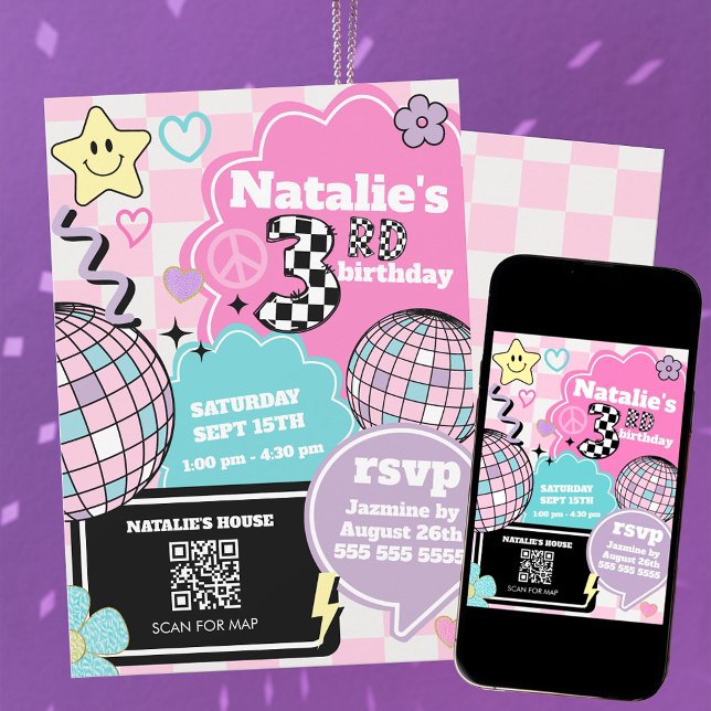Chequered Retro Groovy Disco 3rd Birthday Party Invitation (Creator Uploaded)