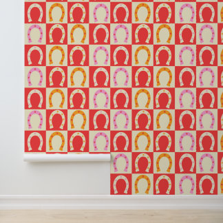 Chequered Retro Horseshoe in Orange red and Pink Wallpaper