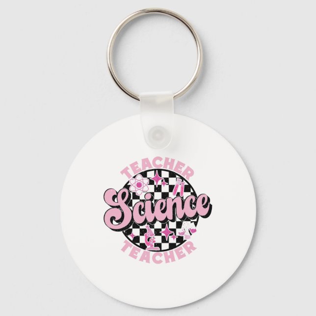 Chequered Retro Pink Back To School Science Teache Key Ring (Front)