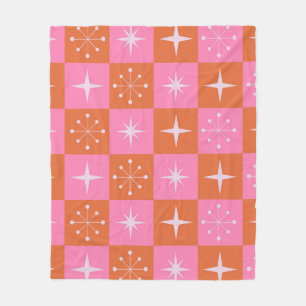 Chequered Retro stars pattern pink orange Fleece Blanket