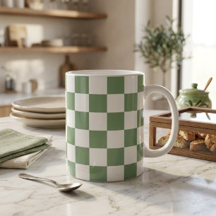 Chequered Sage Green and White Coffee Mug
