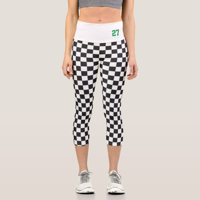 Chequered School Spirit Team Colours Sports Number Capri Leggings (Front)