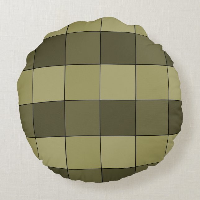 Chequered Shades of Khaki Squares Pattern Round Cushion (Back)