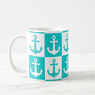 Chequered Ship Anchor Pattern - Ocean Blue Coffee Mug