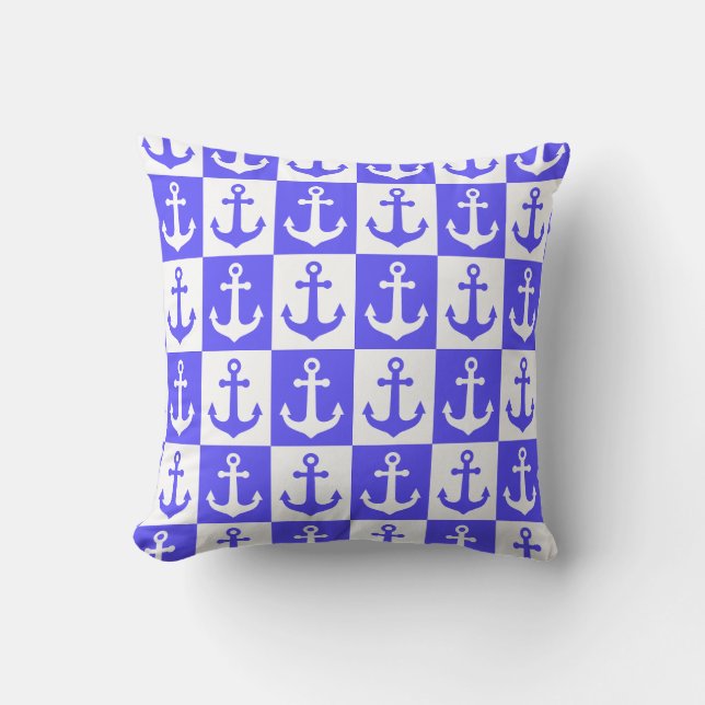 Chequered Ship Anchor Pattern - Ocean Blue Cushion (Front)