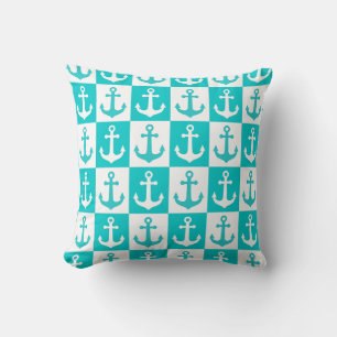 Chequered Ship Anchor Pattern - Ocean Blue Cushion