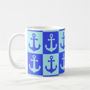 Chequered Ship Anchor Pattern - Ocean Blue Tones Coffee Mug