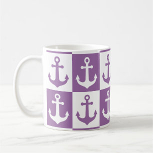 Chequered Ship Anchor Pattern - Purple and White  Coffee Mug