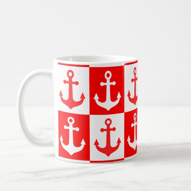 Chequered Ship Anchor Pattern - Red and White  Coffee Mug (Left)