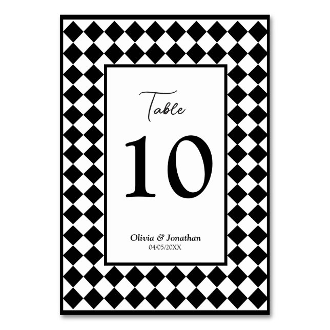 Chequered Simple Modern Black White Wedding Table Number (Front)