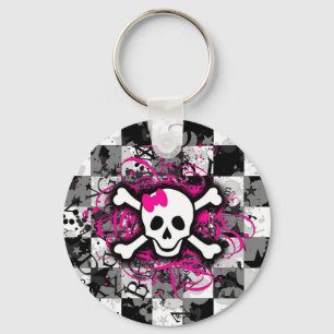 Chequered Skull With Hot Pink Splatter Key Ring