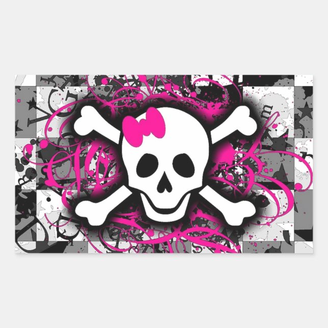 Chequered Skull With Hot Pink Splatter Rectangular Sticker (Front)