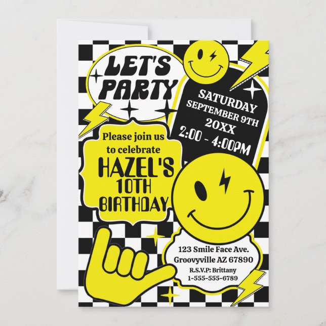 Chequered Smile Face Birthday Party Invitation (Front)