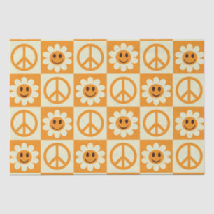 Chequered Smiling Flowers and Peace Signs Orange  Tissue Paper