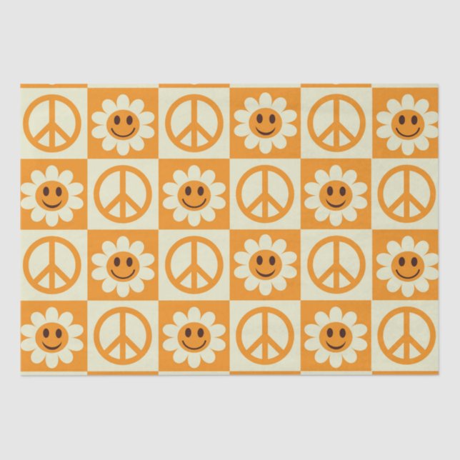 Chequered Smiling Flowers and Peace Signs Orange  Tissue Paper (Front)