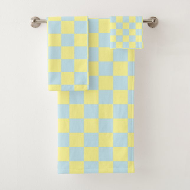 Chequered Soft Blue and Yellow Bath Towel Set (Insitu)