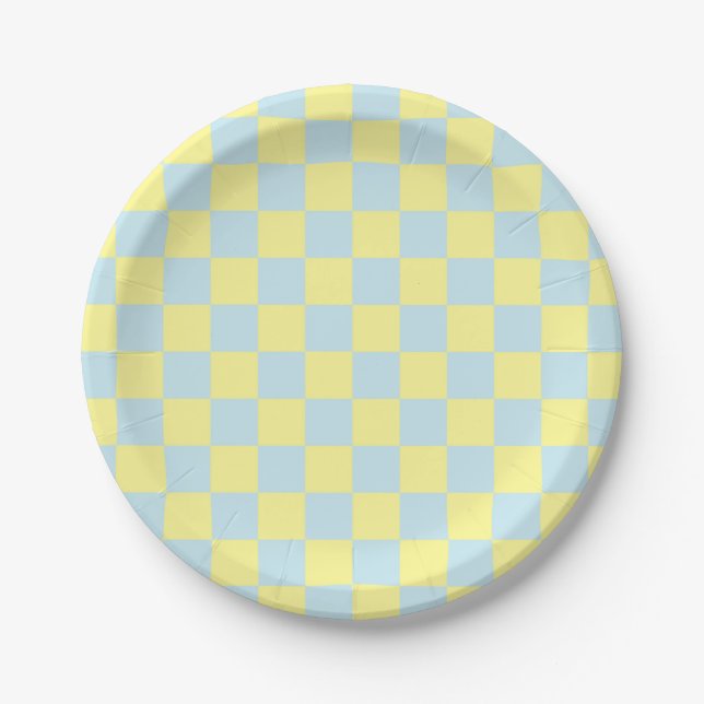 Chequered Soft Blue and Yellow Paper Plate (Front)