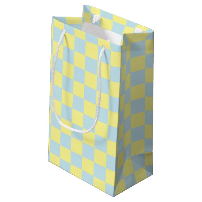 Chequered Soft Blue and Yellow Small Gift Bag (Back Angled)