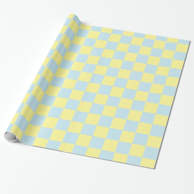 Chequered Soft Blue and Yellow Wrapping Paper (Unrolled)